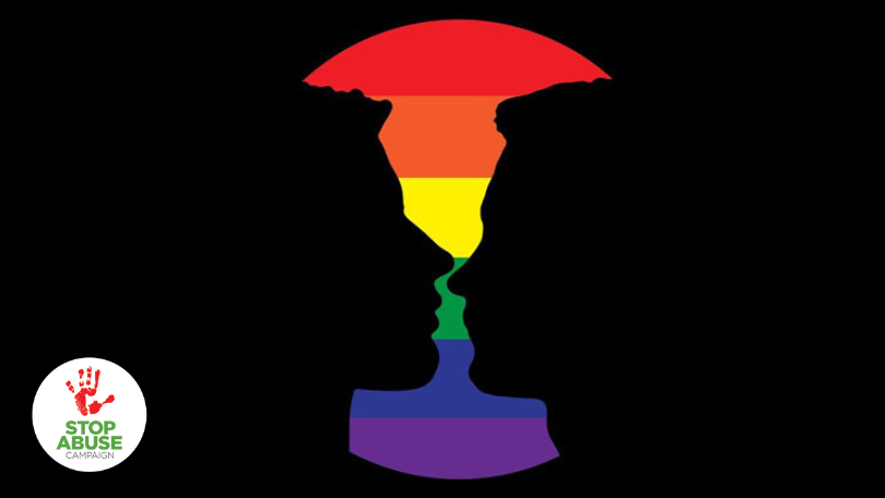 Silhouettes of two men with LGBTQ flag colours behind, indicating an article on child sex offenders heterosexual or not