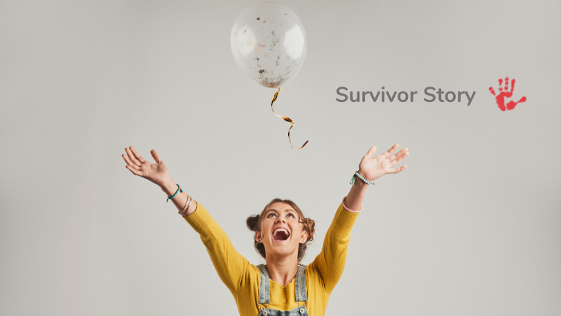 Woman throwing balloon in the air with caption survivor story Healing the inner child