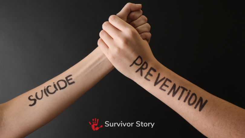 A photo of a hand holding another one, with suicide and prevention words written over them, indicating an article on thoughts on suicide prevention from a survivor