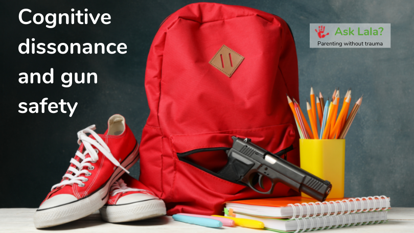 heading cognitive dissonance and gun violence and image of school book bag, shoes and books with a gun