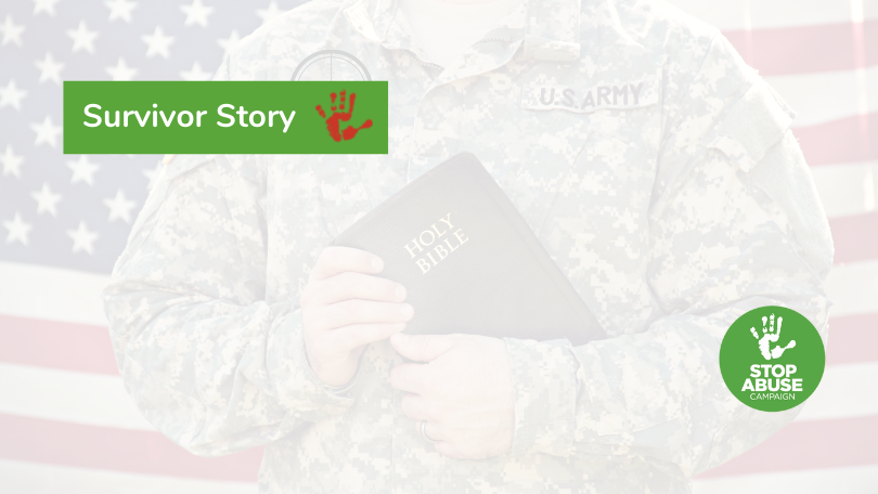 Image depicts soldier holding bible in background faded out depicting childhood memories a survivor story
