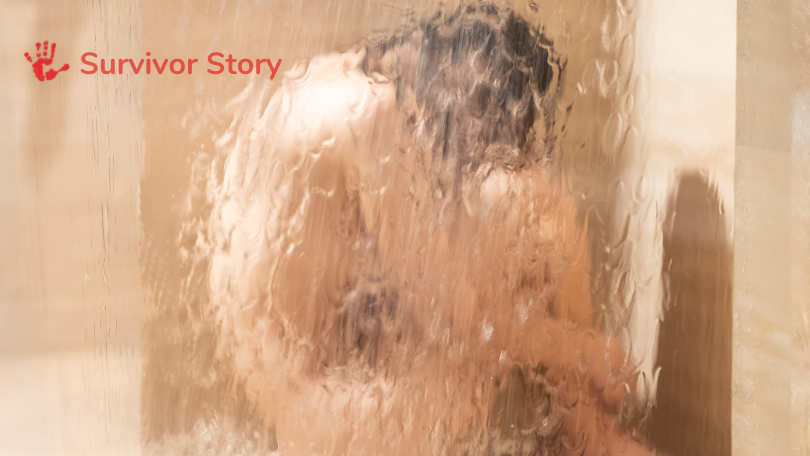 A girl sitting in the shower, in a story of an incest survivor. One Life One Heart International