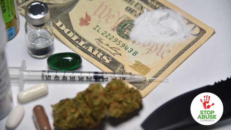 A photo of drugs and dollar laid on a table, indicating an article on drug abuse prevention and ACEs in America